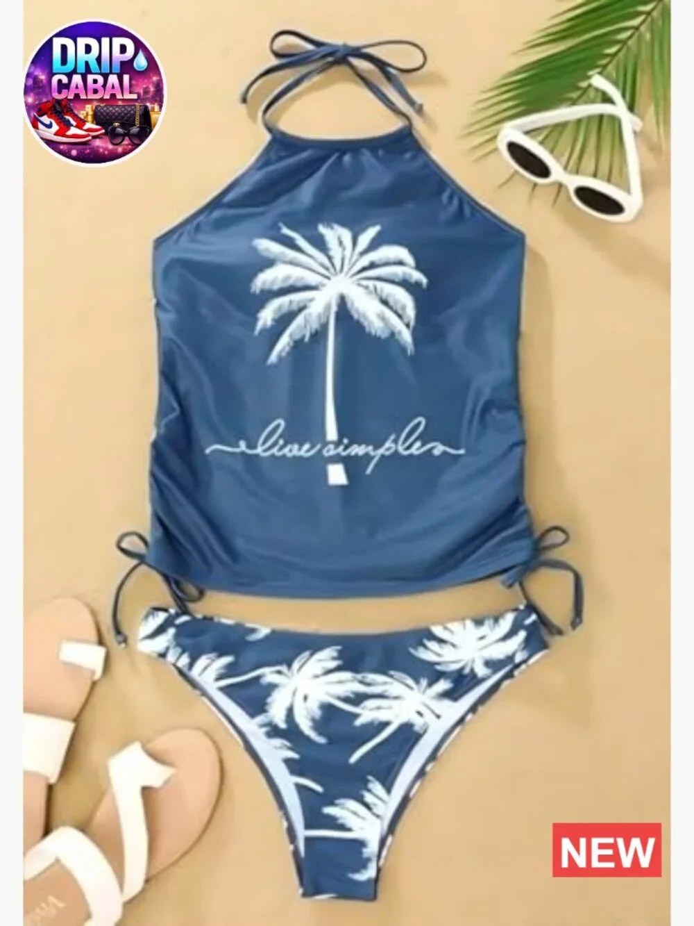 Women's Graphic Drawstring Halter Two Piece Tankini Set Swimwear Summer